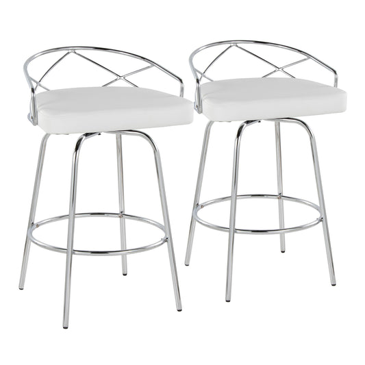 Valencia Luxe - Set of 2 - Chrome Swivel Counter Stools in White Faux Leather with Round Footrest