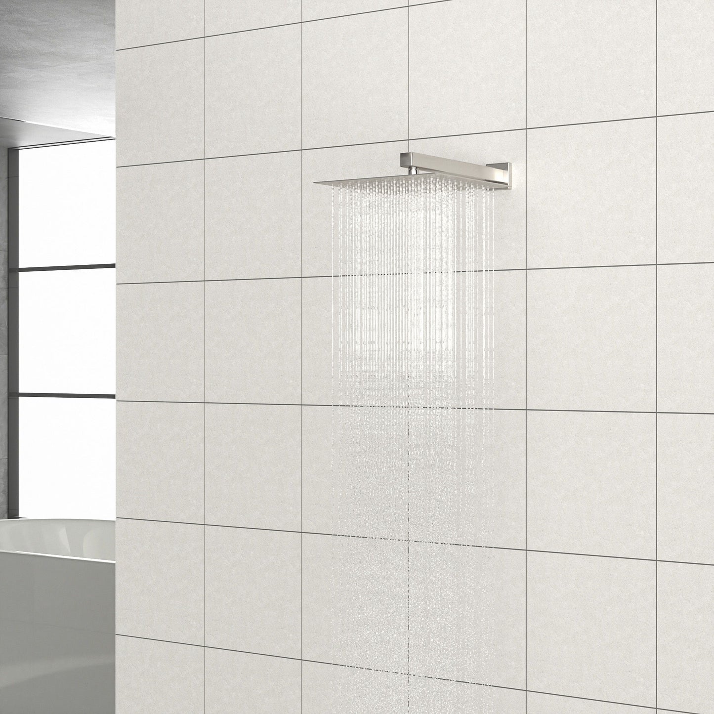 16" Square Rainfall Shower Head Fixed Wall Mount With Full Body Coverage & Self Cleaning Silicone Nozzles
