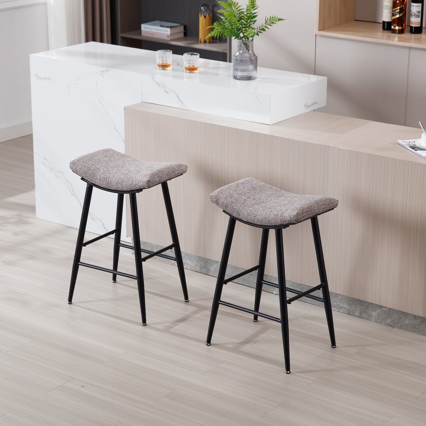 Tuscany - Set of 2 - 28" Armless Modern Linen Bar Stools with Coffee-Coloured Upholstery, Sleek Design, and Durable Metal Footrest for Stylish Dining Spaces