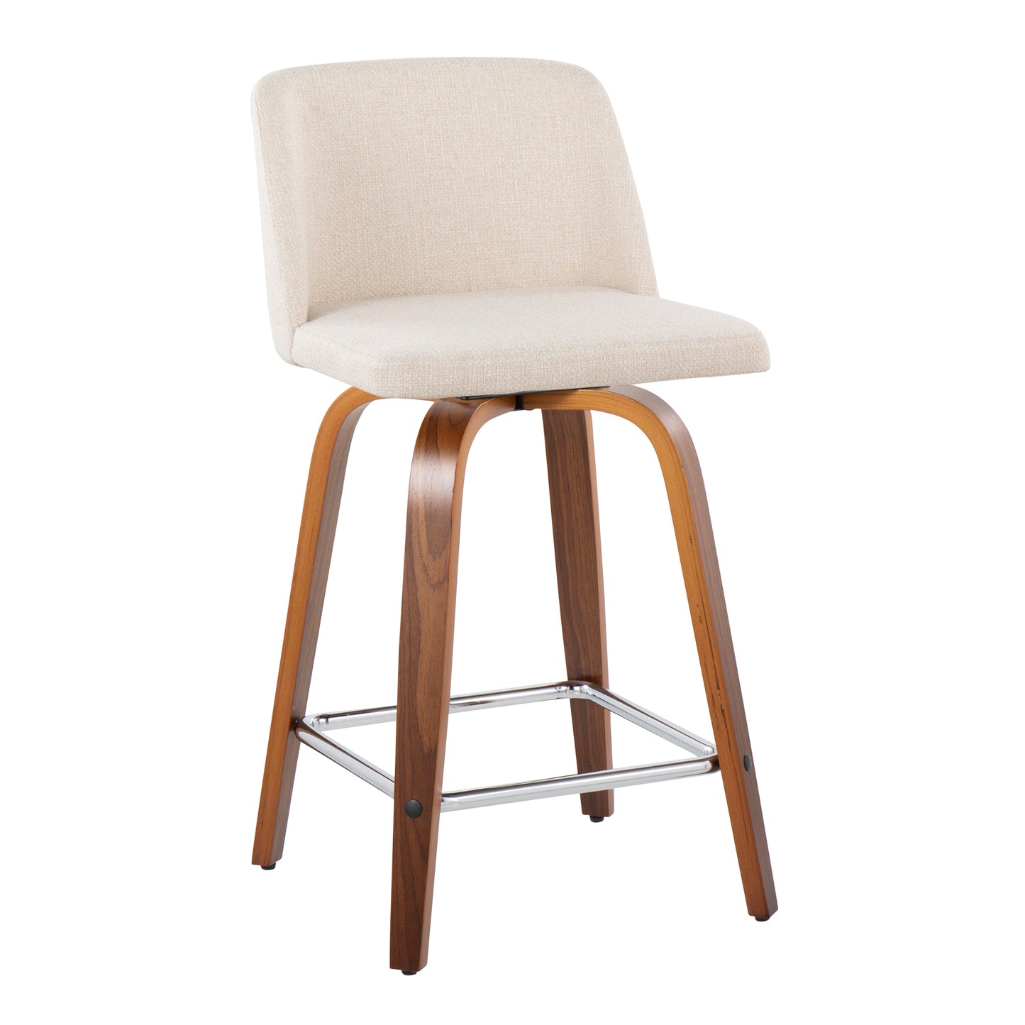 Stirua - Set of 2 - 26" Walnut Wood & Cream Fabric Mid-Century Counter Stools with Swivel & Chrome Footrest