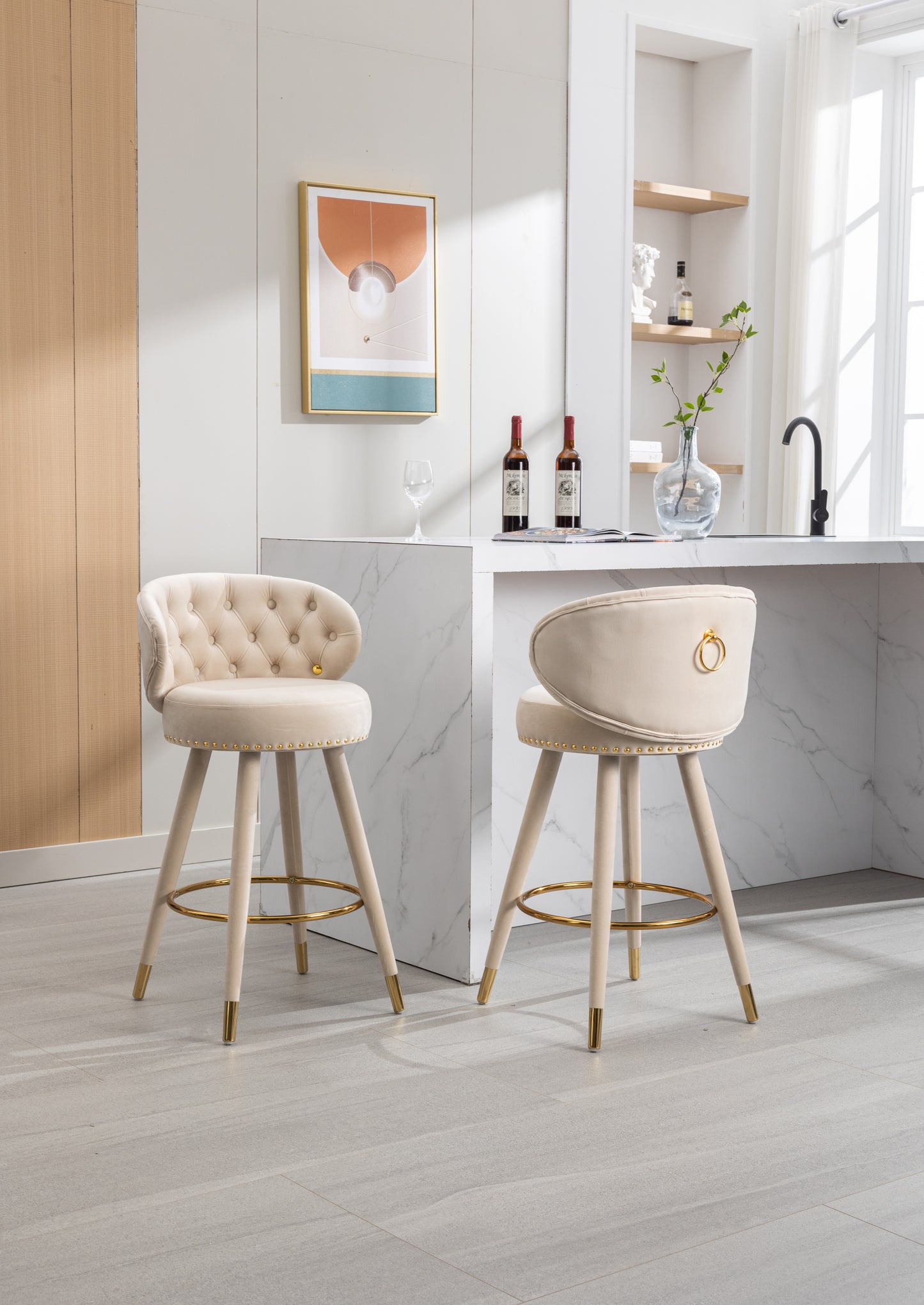 Monale - Set of 2 - 28" Counter Height Bar Stools with Beige Velvet Upholstery, 360° Swivel Seat, Backrest, Footrest, and Solid Wood Legs in Retro Style