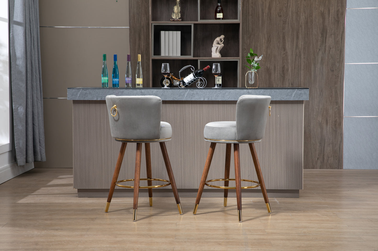 Avira - Set of 2 - 28" Grey Counter Height Swivel Bar Stools with Light Brown Solid Wood Legs, Retro Style and Upholstered Cushions