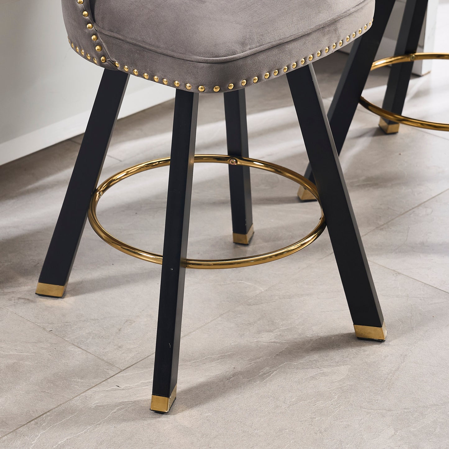 Evra - Set of 2 - Dark Gray Velvet Bar Stools with 360° Swivel, Rivet Detailing, and 26" Seat Height