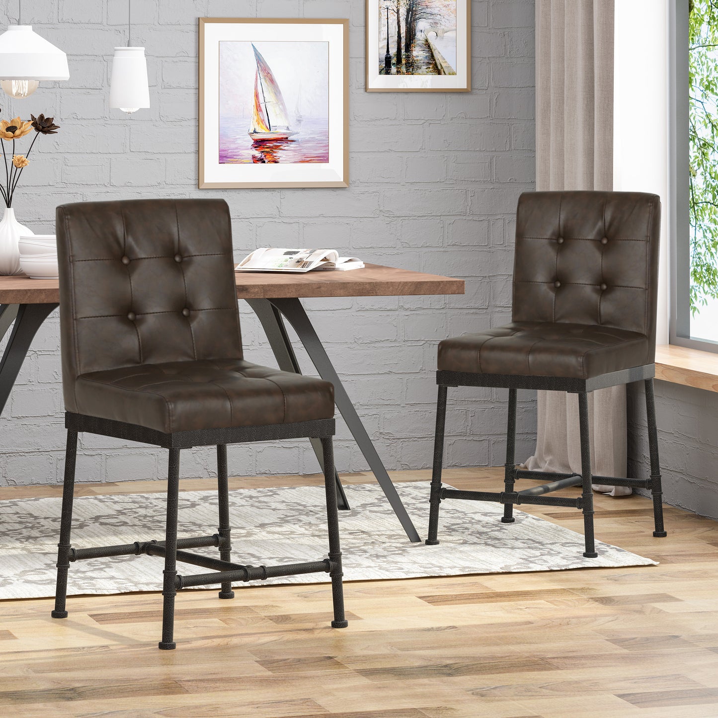 Naya – Set of 2 – 24" Dark Brown Upholstered Counter Stools with Industrial Metal Frame and Piping Details