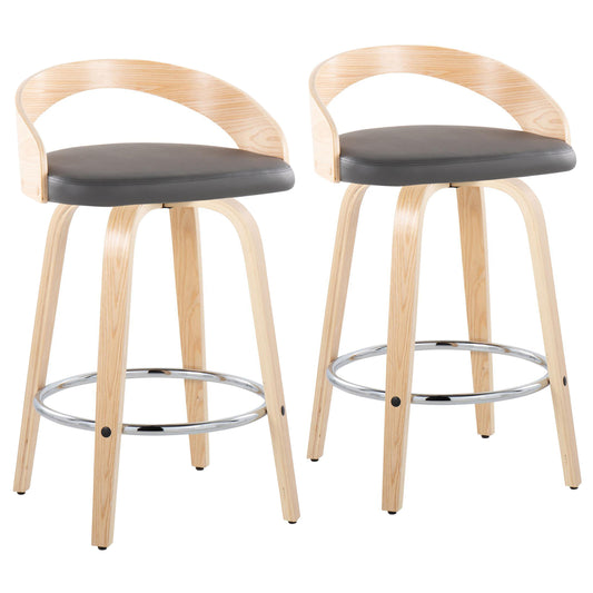 Ginny - Set of 2 - 26" Natural Wood & Grey Faux Leather Swivel Counter Stools with Round Chrome Metal Footrest by LumiSource