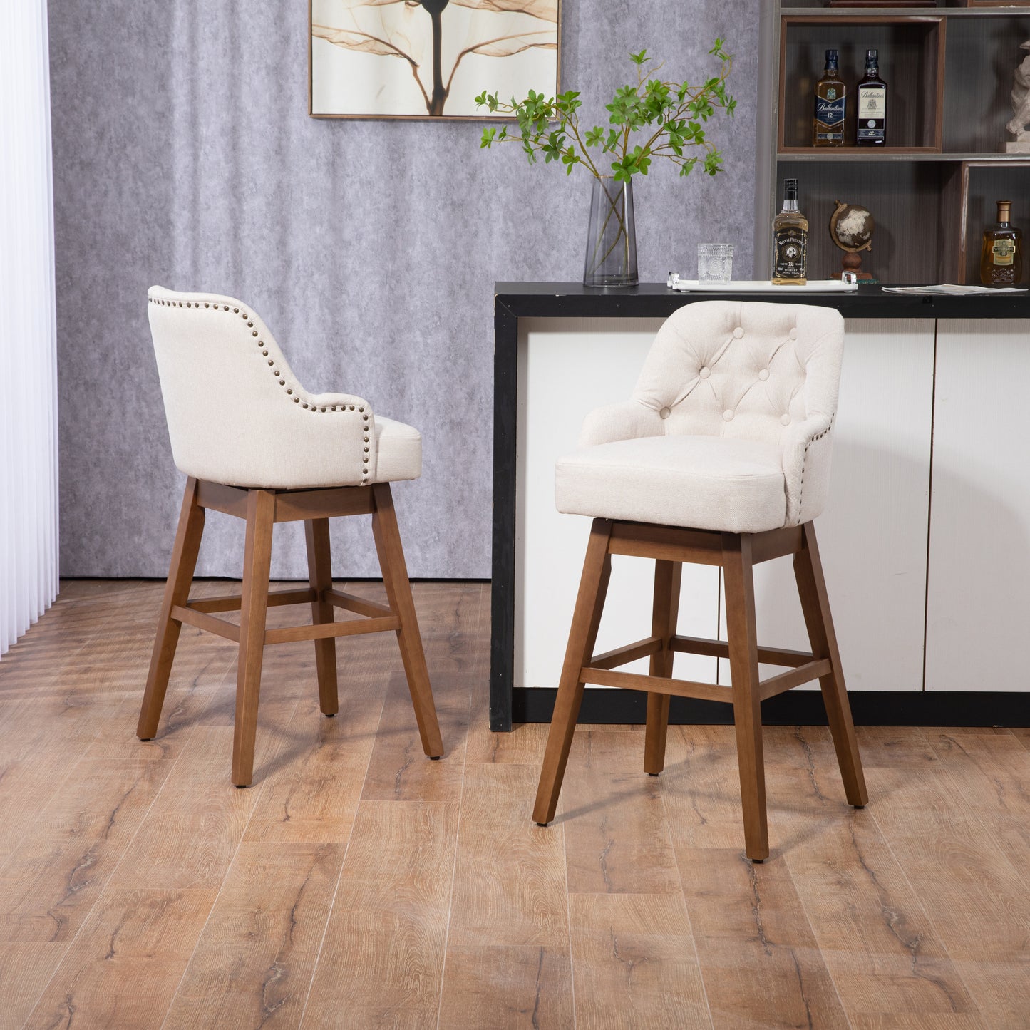 Hearth - Set of 2 - 29" Beige Linen Swivel Bar Stools with High Back and Solid Wood Legs