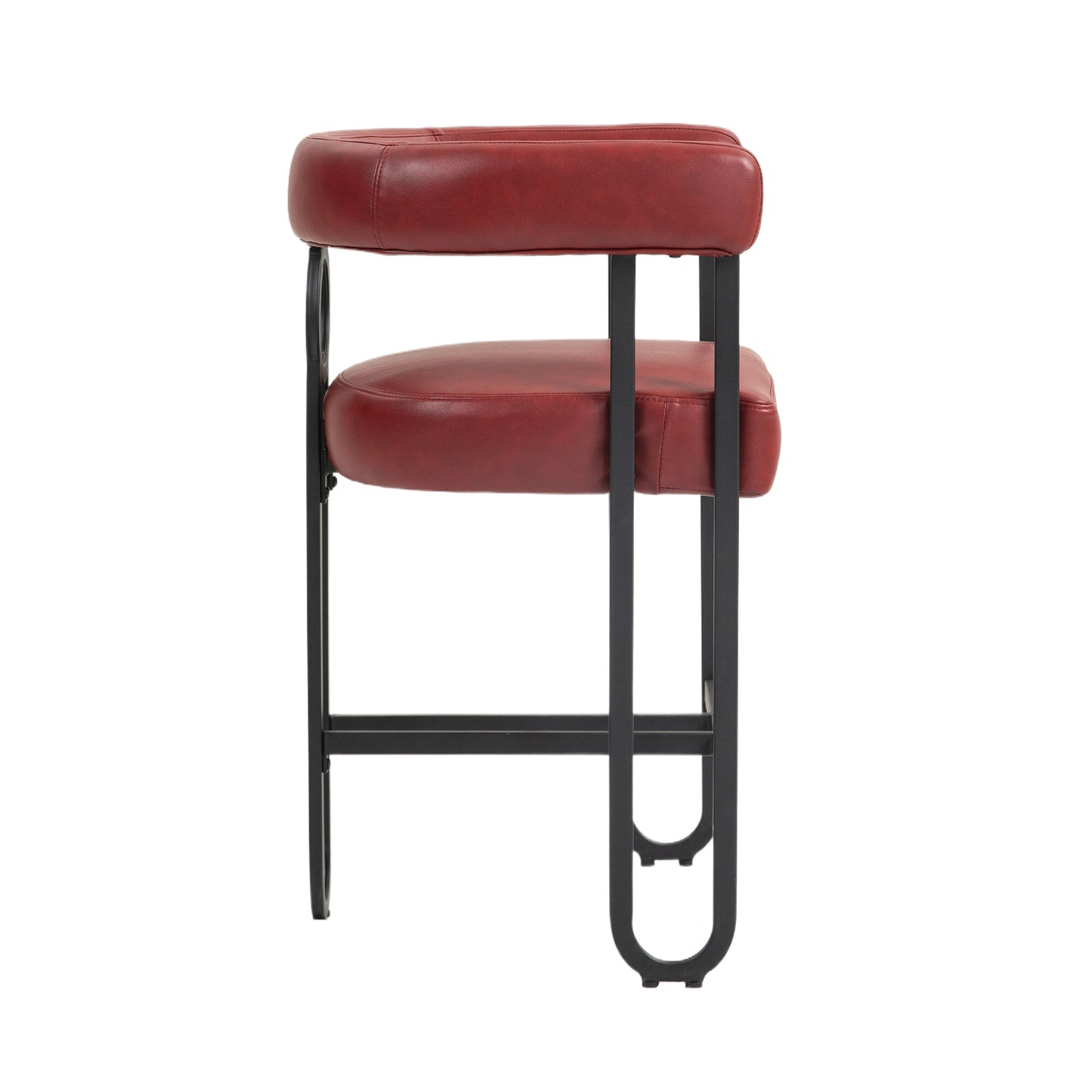 Silver - Set of 2 - 24" Wine Red PU Counter Height Bar Stools with Curved Backrest, Black Metal Frame, Thick Cushion for Kitchen or Dining Room