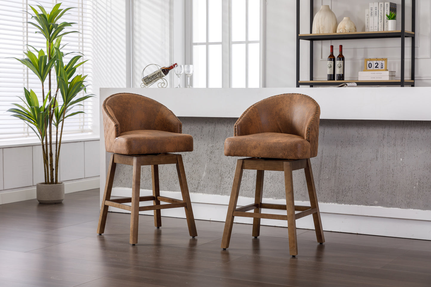 Hannah - Set of 2 - 29" Coffee Polyester Counter Height Swivel Bar Stools with Solid Wood Frame and 360-Degree Rotation