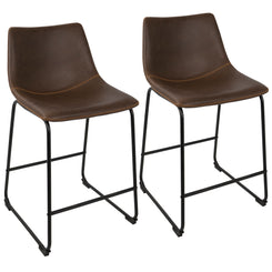 AuraCraft - Set of 2 - 26" Industrial Counter Stools in Espresso Faux Leather with Orange Stitching and Black Metal Frame