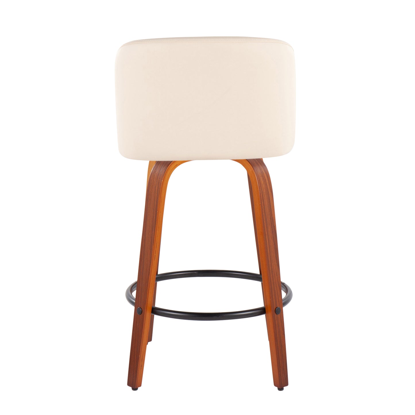 Larc - Set of 2 - 26" Walnut Counter Stools, Cream Faux Leather Upholstery, Black Footrest, Contemporary Design