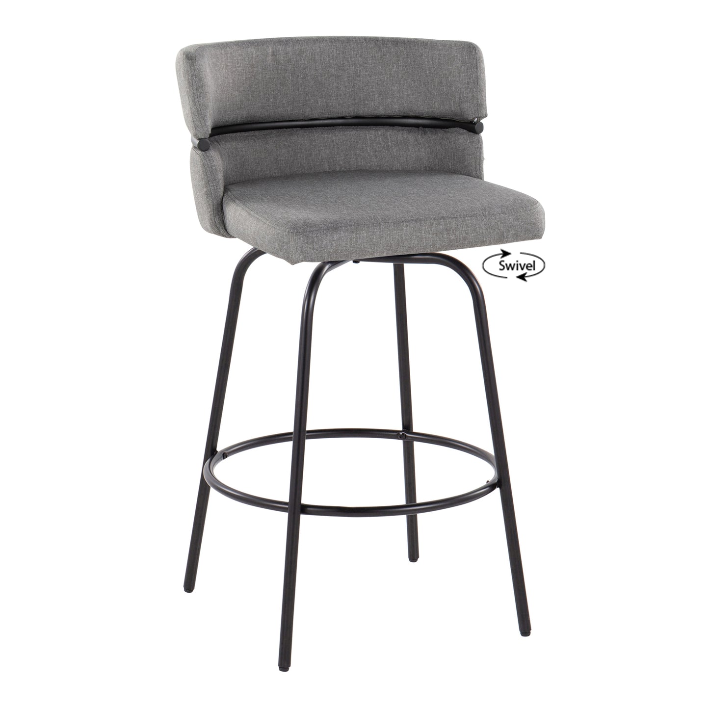 Vylenith - Set of 2 - 29" Black Faux Leather Swivel Bar Stools - Set of 2 - 26" Swivel Counter Stools, Black Metal & Light Grey Fabric, Contemporary Fixed-Height Seating