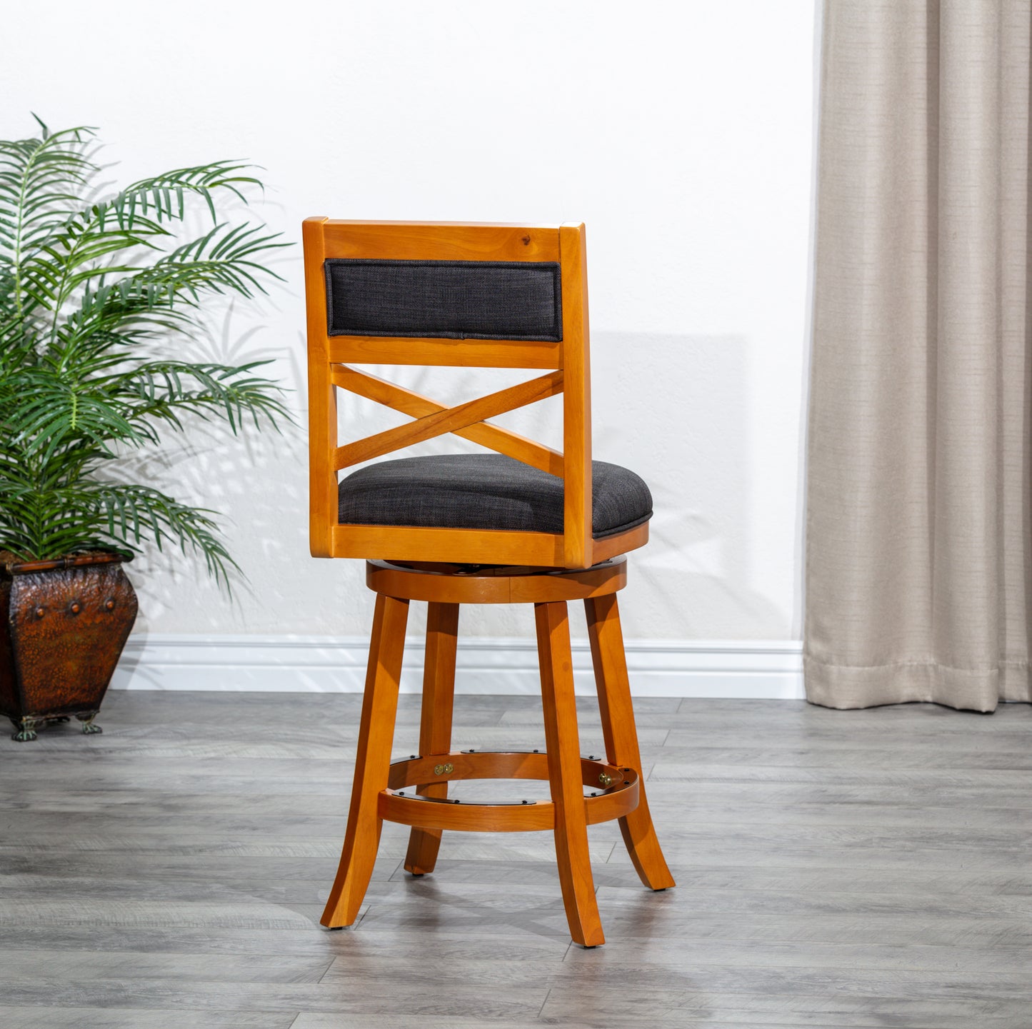 Miral - Set of 2 - 24" Counter Height Swivel Stools with Charcoal Fabric Seat, Natural Wood Finish, and X-Back Design