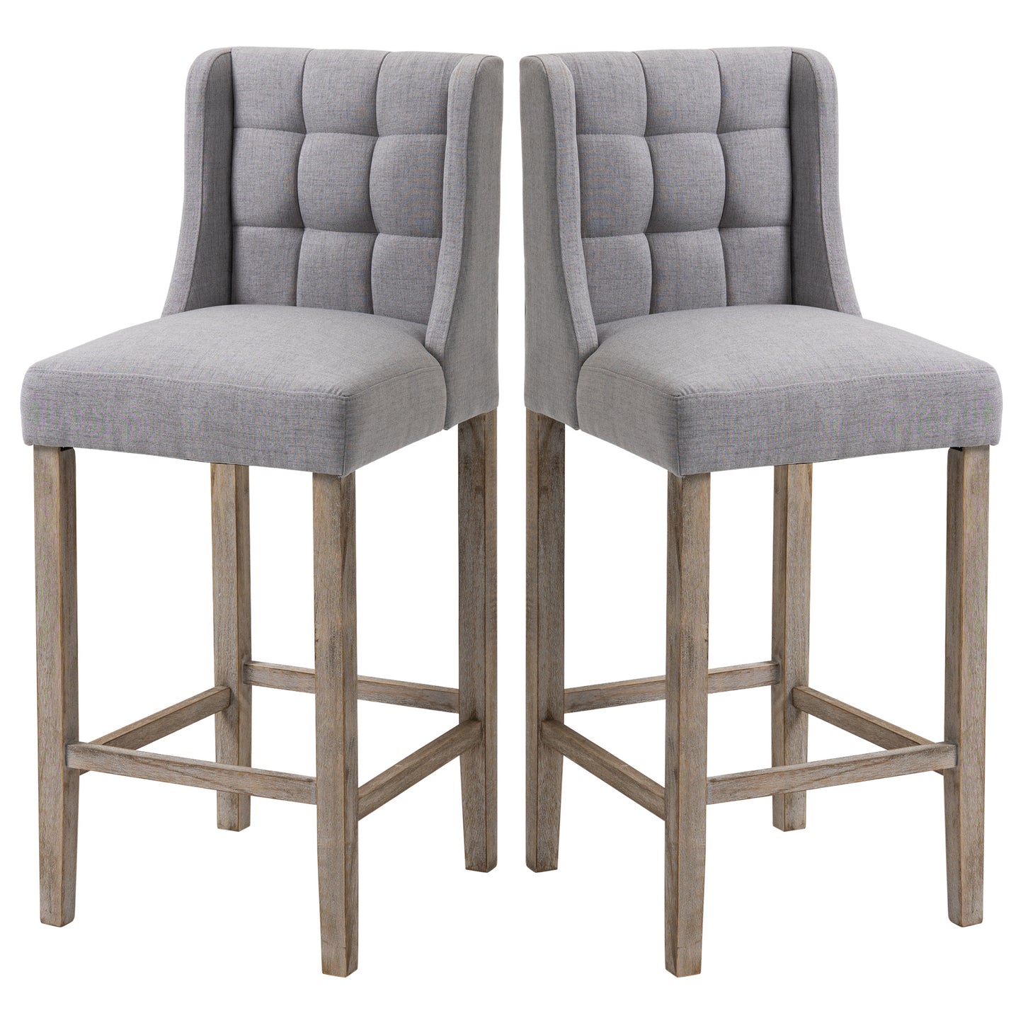 Kamille - Set of 2 - 30.25" Grey Tufted Upholstered Bar Stools with Back, Seat Height, Rubber Wood Legs, Modern Design for Kitchen & Dining Room