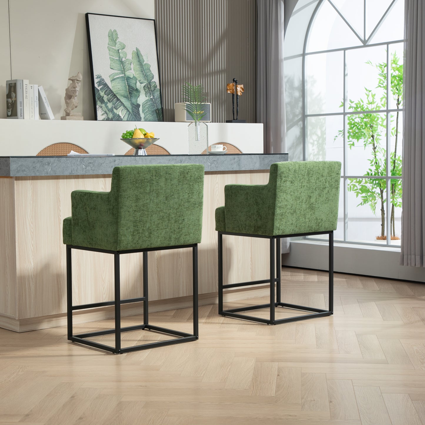 Neveo - Set of 2 - 26" Green Upholstered Chenille Counter Height Bar Stools with Black Metal Frame - Modern Square Design for Kitchen Island or Pub