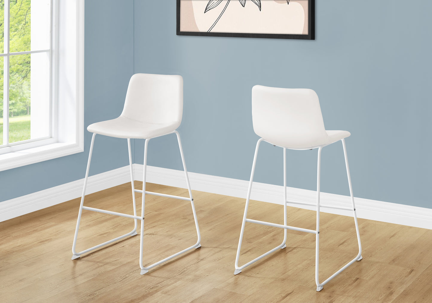 Zenith - Set of 2 - 29" White Leather-Look Bar Height Office Chairs with Slim White Metal Frame, Modern Design