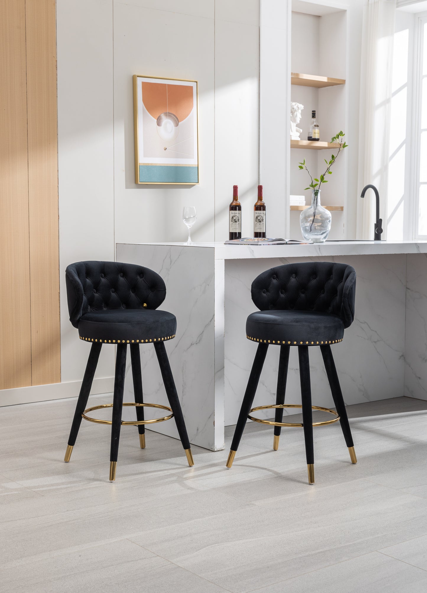 Lathenor - Set of 2 - 26" Black Velvet Counter Height Bar Stools with Solid Wood Legs, Fixed Height, and 360° Swivel for Kitchen or Bar Seating