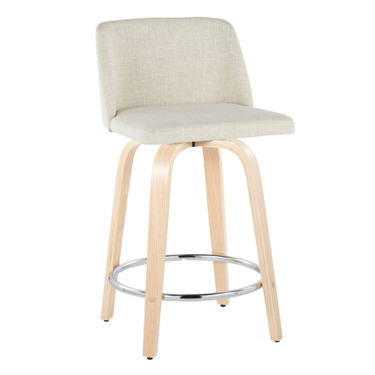 Tuvon - Set of 2 - 24" Contemporary Fixed-Height Swivel Counter Stools – Natural Wood & Cream Fabric with Chrome Footrest