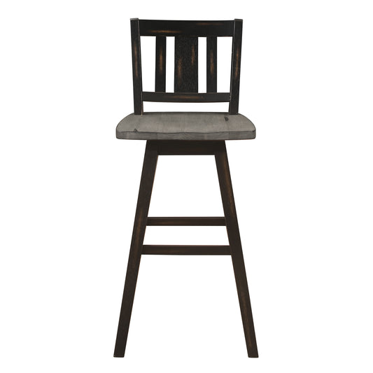 Cassandry - Set of 2 - 29" Distressed Gray and Black Swivel Bar Chairs with Vertical Slat Back Design