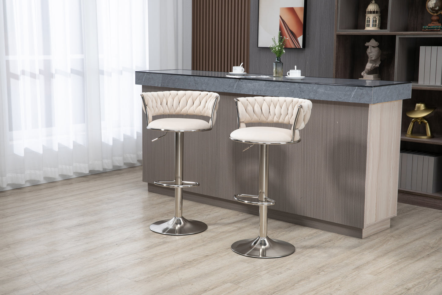 Mynroe - Set of 2 - Ivory Swivel Adjustable Counter Height Bar Stools with Footrest