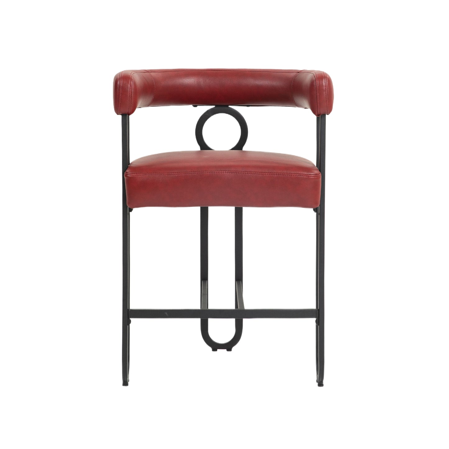 Silver - Set of 2 - 24" Wine Red PU Counter Height Bar Stools with Curved Backrest, Black Metal Frame, Thick Cushion for Kitchen or Dining Room