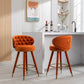 Miple - Set of 2 - 28" Orange Velvet Swivel Counter Height Bar Stools with Backrest, Footrest, and Solid Wood Legs, Retro Style