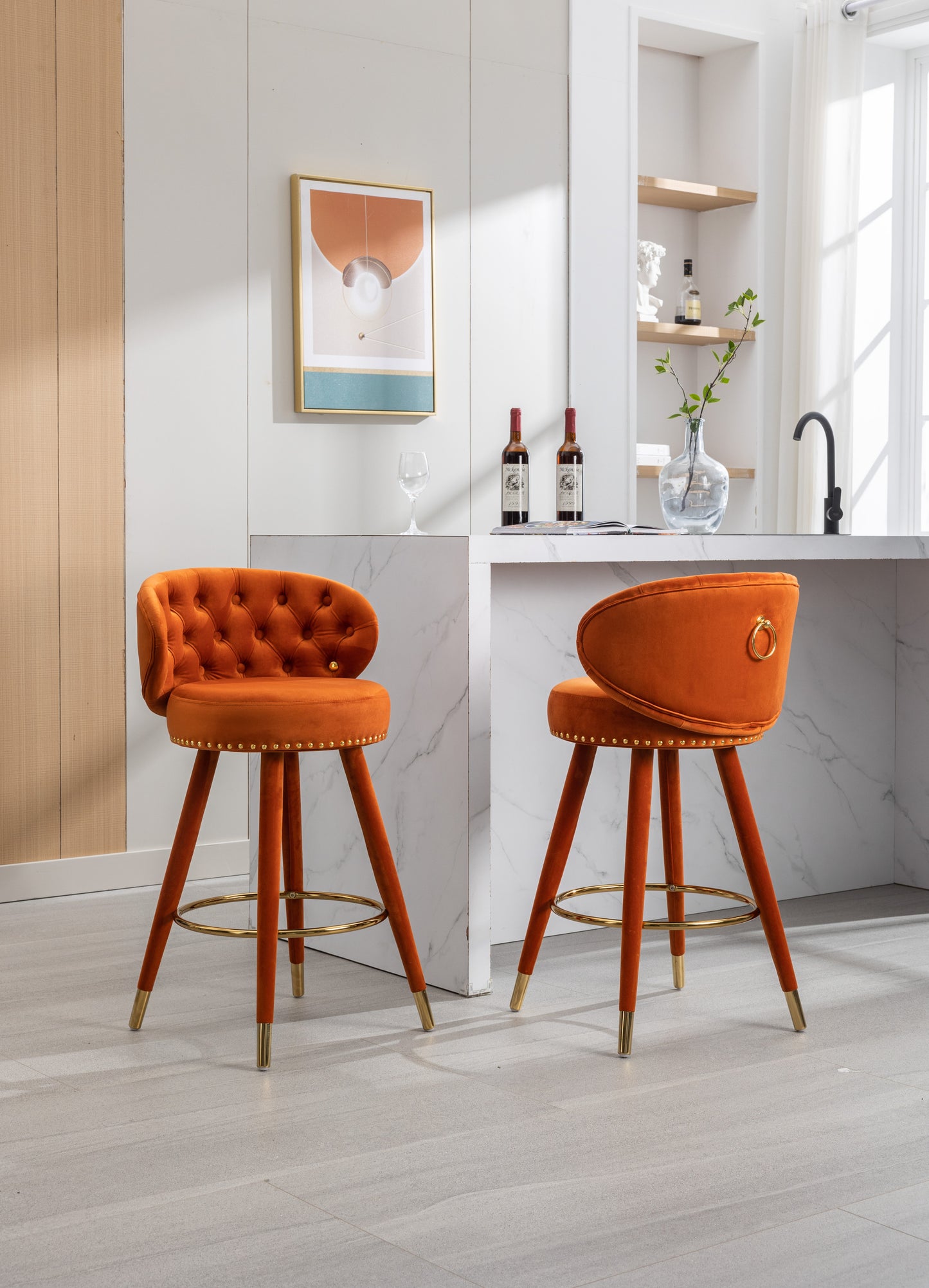 Miple - Set of 2 - 28" Orange Velvet Swivel Counter Height Bar Stools with Backrest, Footrest, and Solid Wood Legs, Retro Style