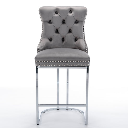 Halora - Set of 2 - 26" Gray Velvet Counter Height Bar Stools with Rivet Trim, Button Tufted Backrest, and Sturdy Chromed Metal Base