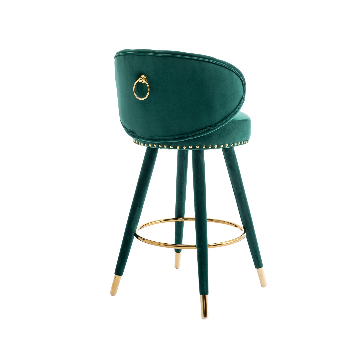 Lurian - Set of 2 - 28" Emerald Velvet Swivel Counter Height Bar Stools, Solid Wood Legs, Ergonomic Backrest, Retro Design