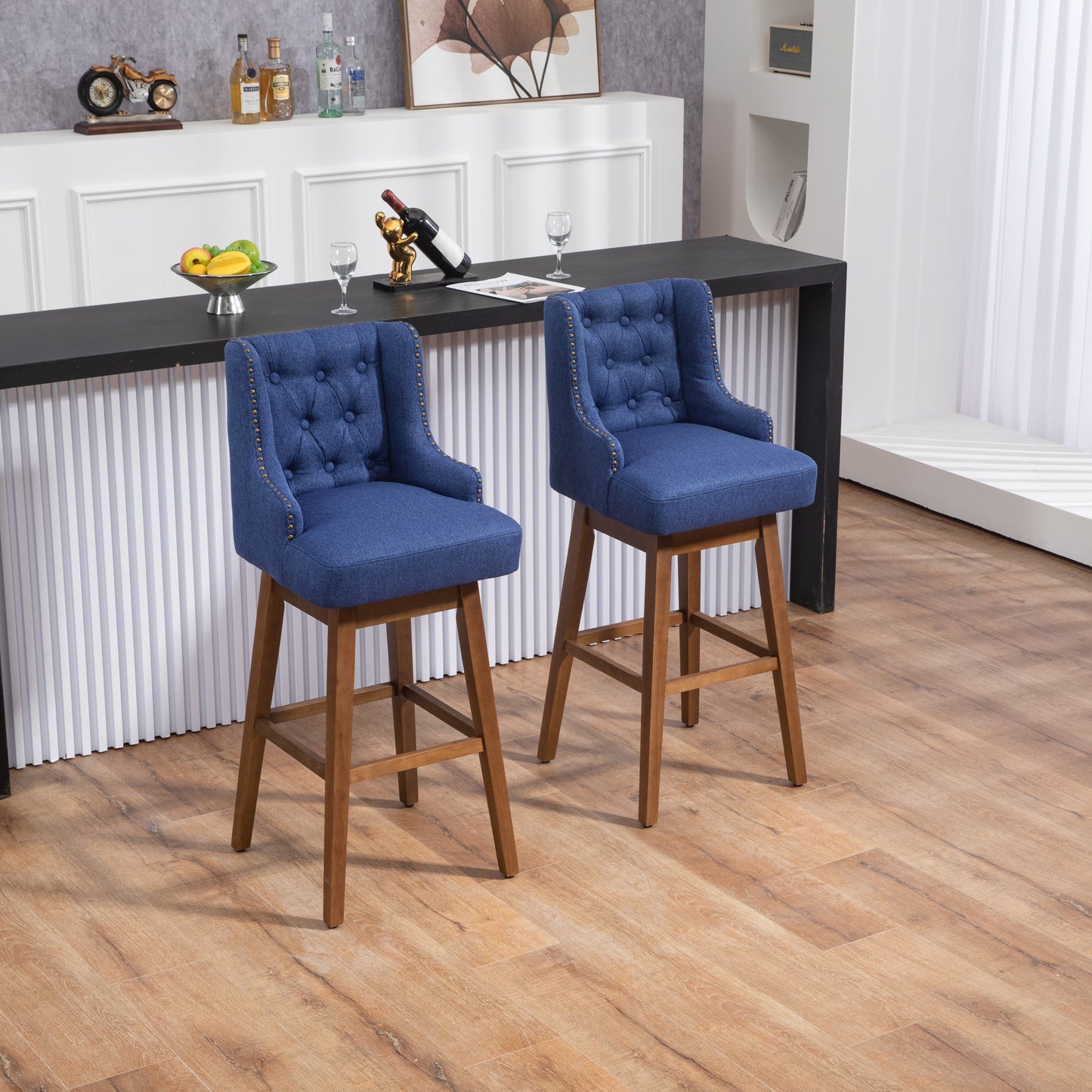 Morrithal - Set of 2 - 30" Navy Linen Counter Height Bar Stools with 360° Swivel, Footrest, Solid Wood Legs, and Retro Style for Kitchen or Dining Room