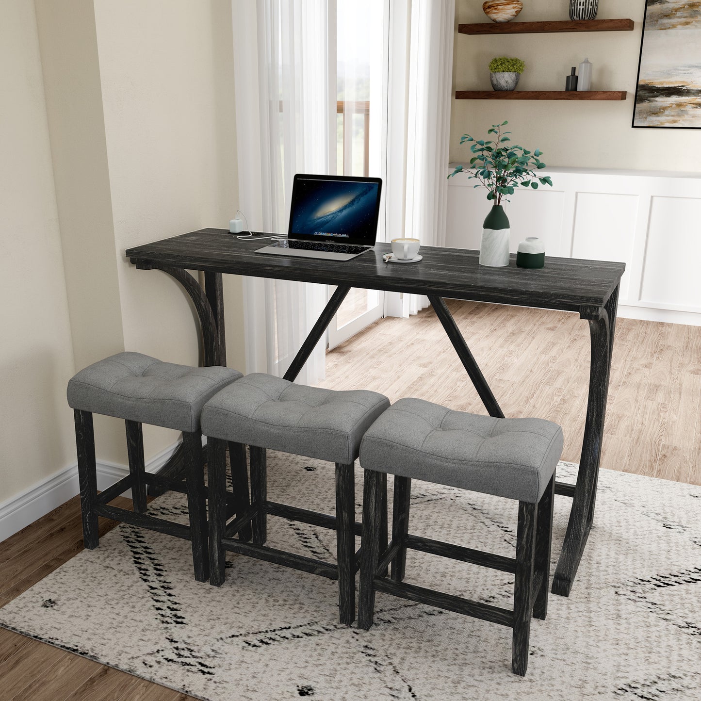 Avignon - Set of 4 - 24" Industrial Bar Table (59" x 19") with 3 Ergonomic Stools, Grey and Black Finish