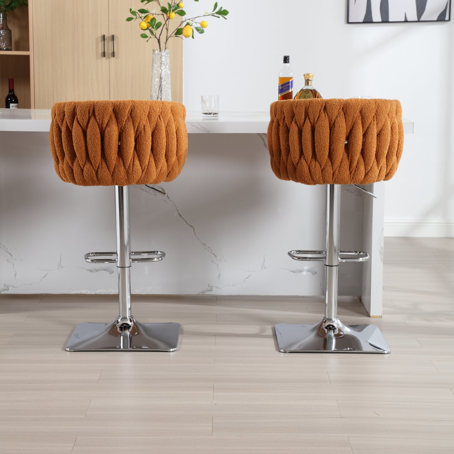 Bellavue Luxe - Set of 2 - 26" Swivel Counter Stools with Orange Boucle Upholstery and 360° Rotation