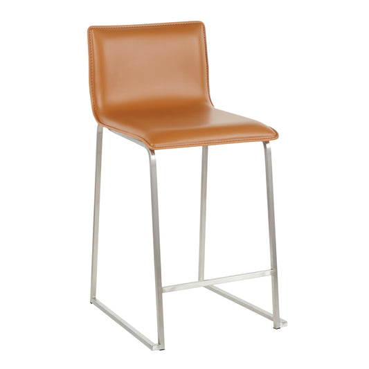 Maxorith - Set of 2 - 26" Contemporary Counter Stools with Brushed Stainless Steel Frame and Camel Faux Leather Upholstery