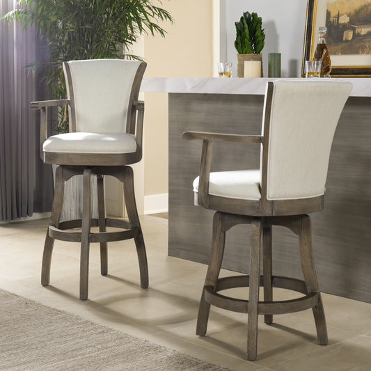 Williams - Set of 2 - 27" Swivel Counter Height Bar Stools with Natural White Linen Upholstery, High Back, and Hardwood Frame