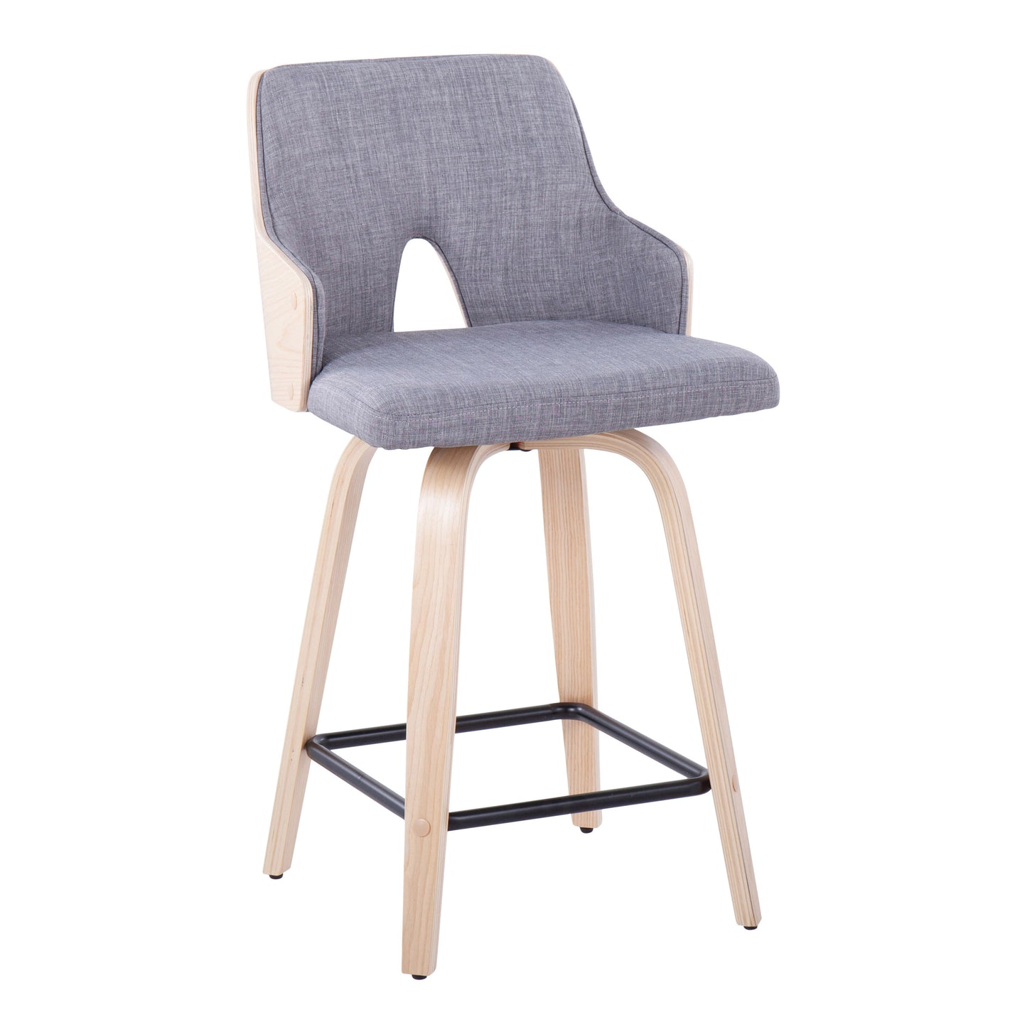 Stornham - Set of 2 - 24" Fixed-Height Swivel Counter Stools in Light Grey Fabric & Natural Wood with Black Metal Footrest