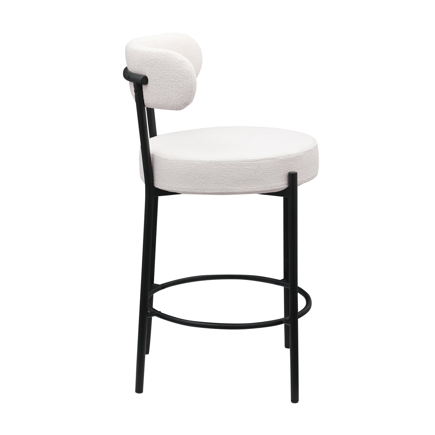 Vibrance Set of 2 White Bouclé Upholstered Counter Height Stools with Black Metal Legs 26” Seat Height, Modern Dining Chairs