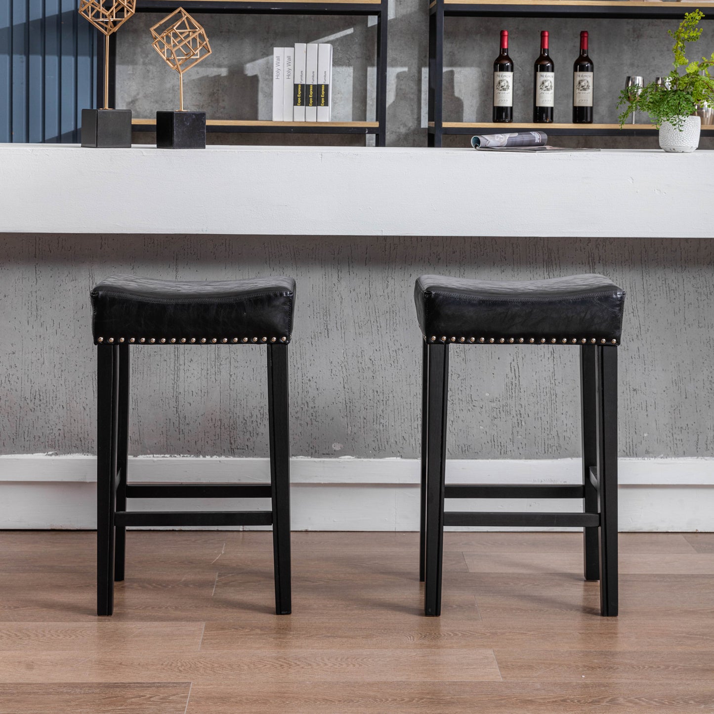 Hazelwood - Set of 2 - 29" Black Faux Leather Counter Height Stools - Backless Farmhouse Design - Comfortable Bar Chairs for Kitchen