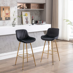 Lutre - Set of 2 - 30" Black Velvet Bar Stools with Gold Legs and Chrome Footrest