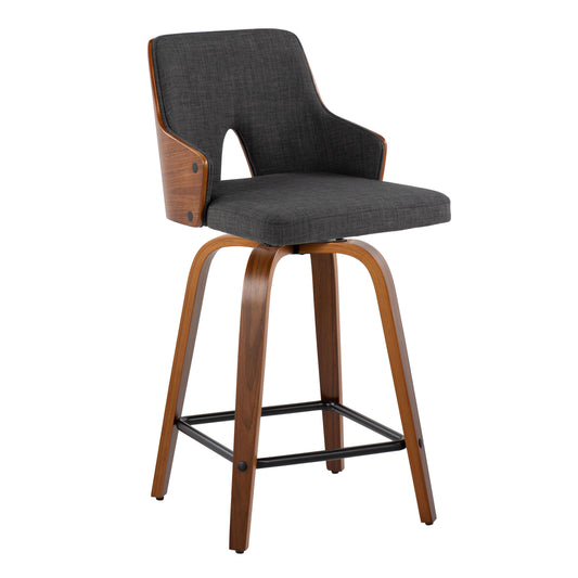 Stalton - Set of 2 - 24" Mid-Century Modern Fixed-Height Counter Stools with Walnut Wood, Charcoal Fabric, Swivel, and Square Black Metal Footreset