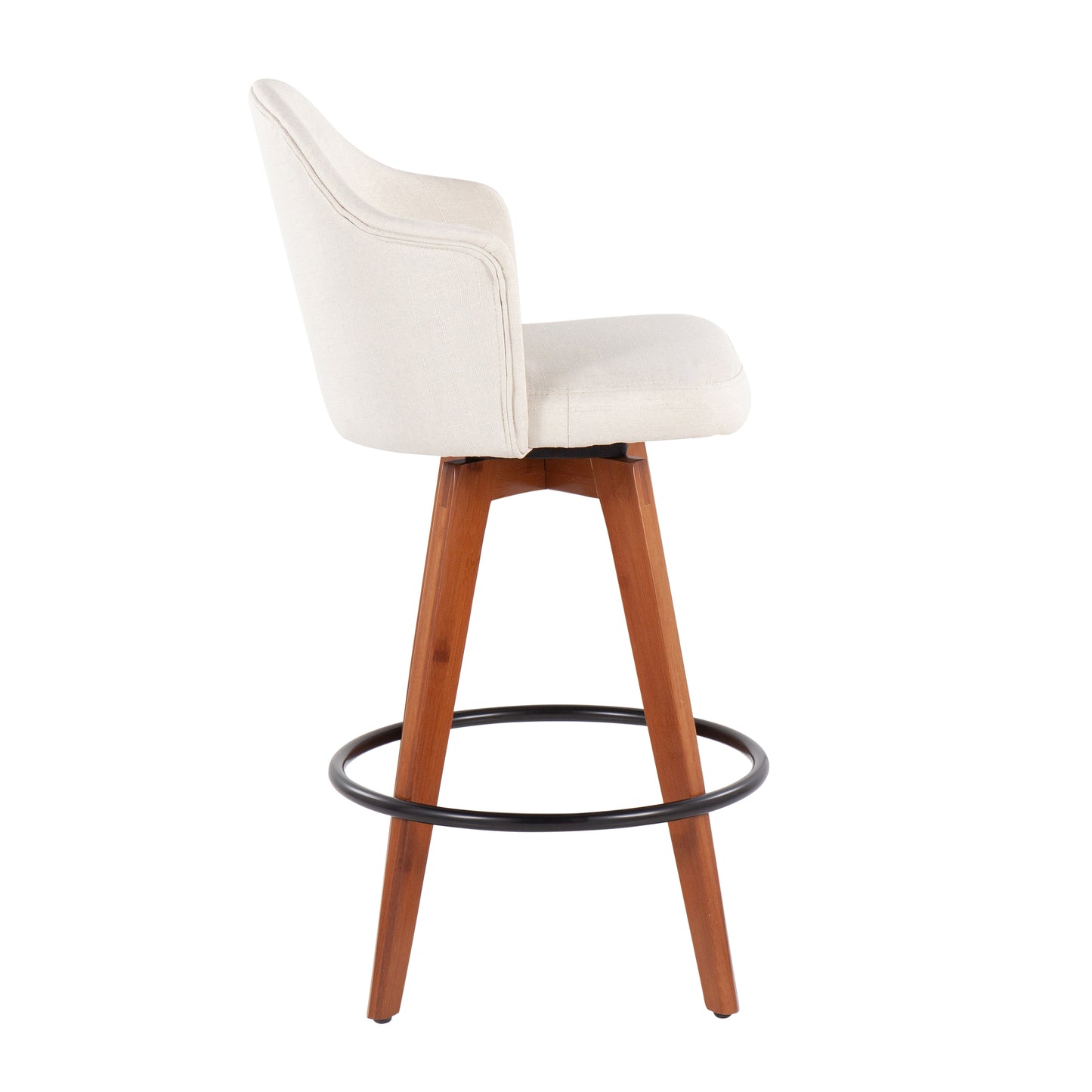 Talia - Set of 2 - 26" Cream Fabric Counter Stools with 360° Swivel, Walnut Bamboo Legs, and Round Black Metal Footrest