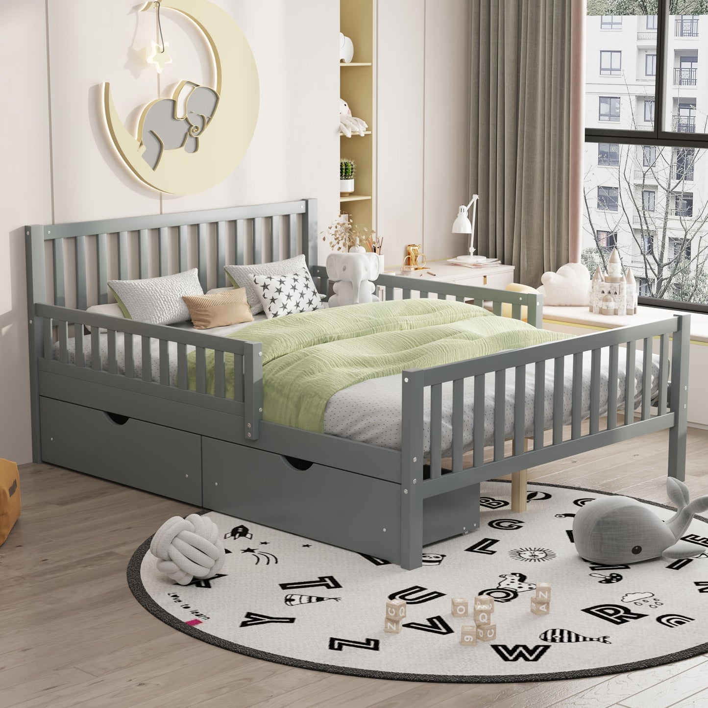 Platform Bed With Guardrails On Both Sides And 2 Storage Drawers