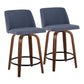 Tivon- Set of 2 - 26" Walnut Wood & Blue Swivel Counter Stools with Fabric Upholstery & Black Metal Footrest