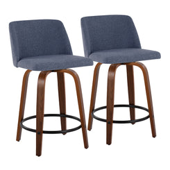 Tivon- Set of 2 - 26" Walnut Wood & Blue Swivel Counter Stools with Fabric Upholstery & Black Metal Footrest