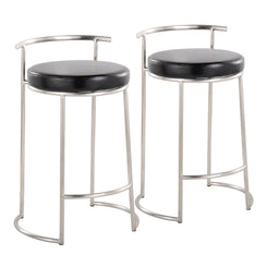 Rhapsodia - Set of 2 - 26" Black Faux Leather & Stainless Steel Fixed-Height Counter Stools Contemporary Padded Seat High-Back Design Indoor Use