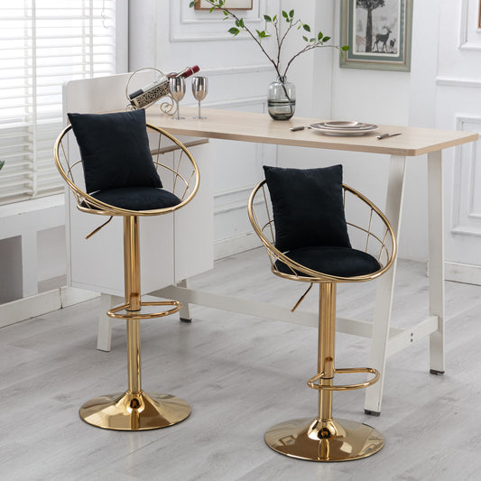 Lucent - Set of 2 - 25" Black Velvet Adjustable Height Bar Stools with Pure Gold-Plated Base, 360° Rotation, and Unique Design