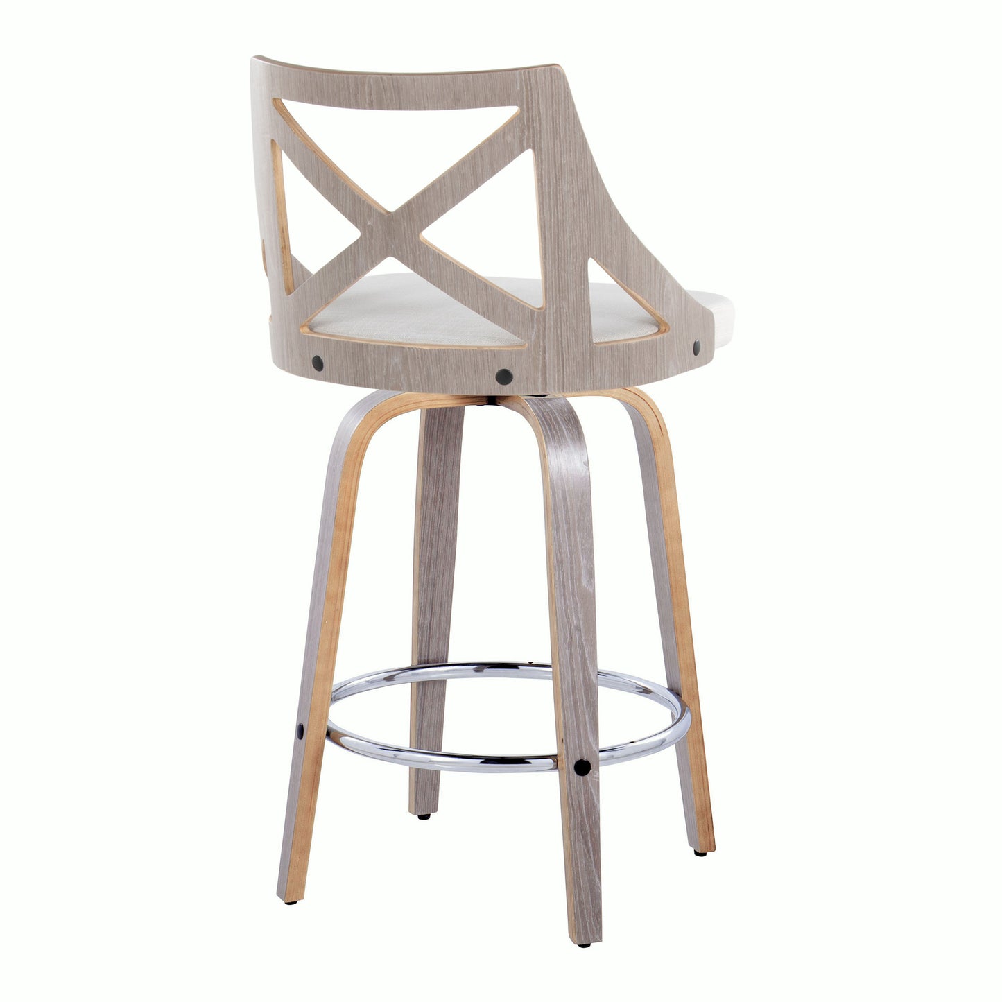 Anwen - Set of 2 - 28" Light Grey Farmhouse Counter Stools with Cream Fabric and Chrome Metal Footrest, Swivel Design