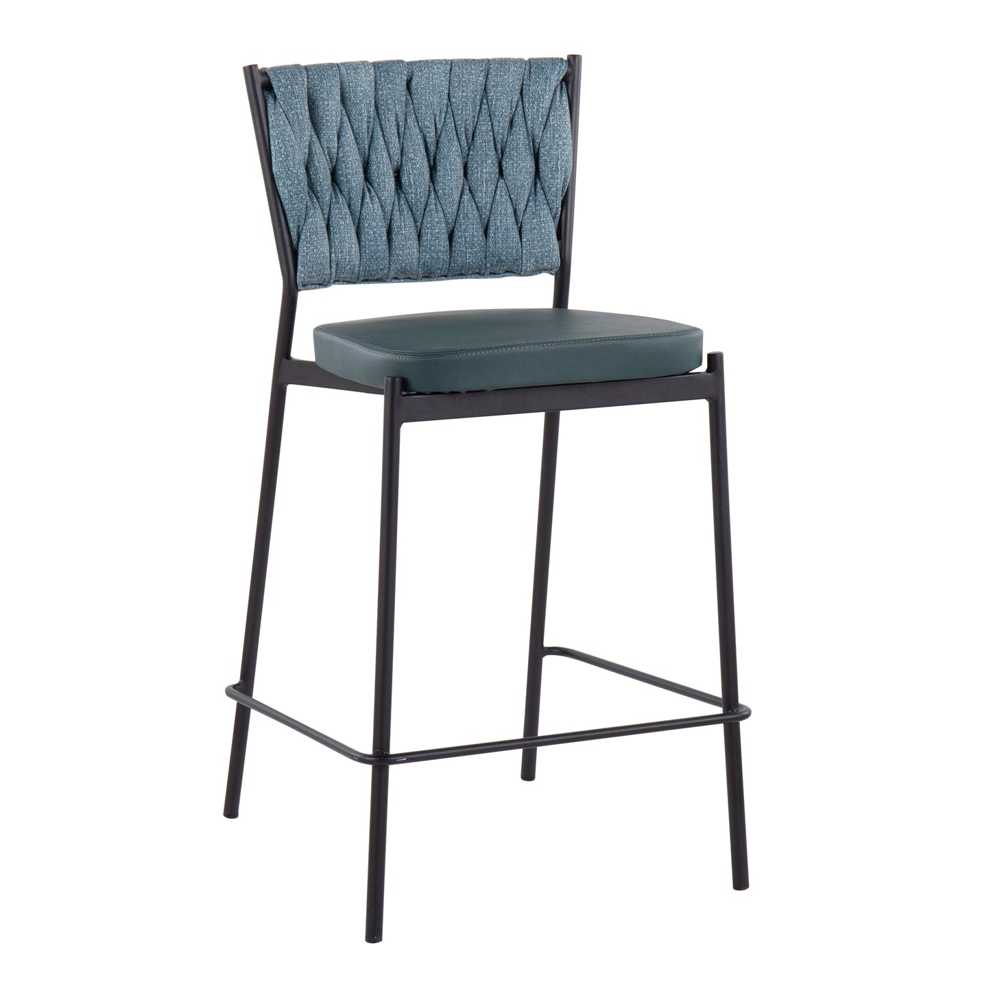 Lathen - Set of 2 - 24" Black Metal Counter Stools with Green Faux Leather and Sea Green Fabric