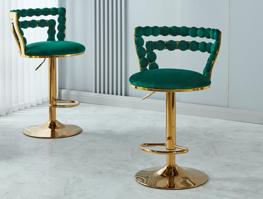 Verano - Set of 2 - 30" Green Fabric Bar Stools with Golden Iron Tube Legs and Soft Cushioned Backrest