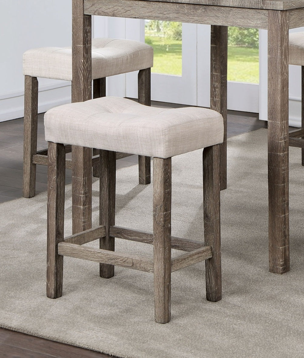 Torreon - Set of 5 - 24" Stool - Gray & Beige Transitional Counter Height Dining Set with Fabric Upholstered Saddle Seat Stools, Solid Wood Dining Table