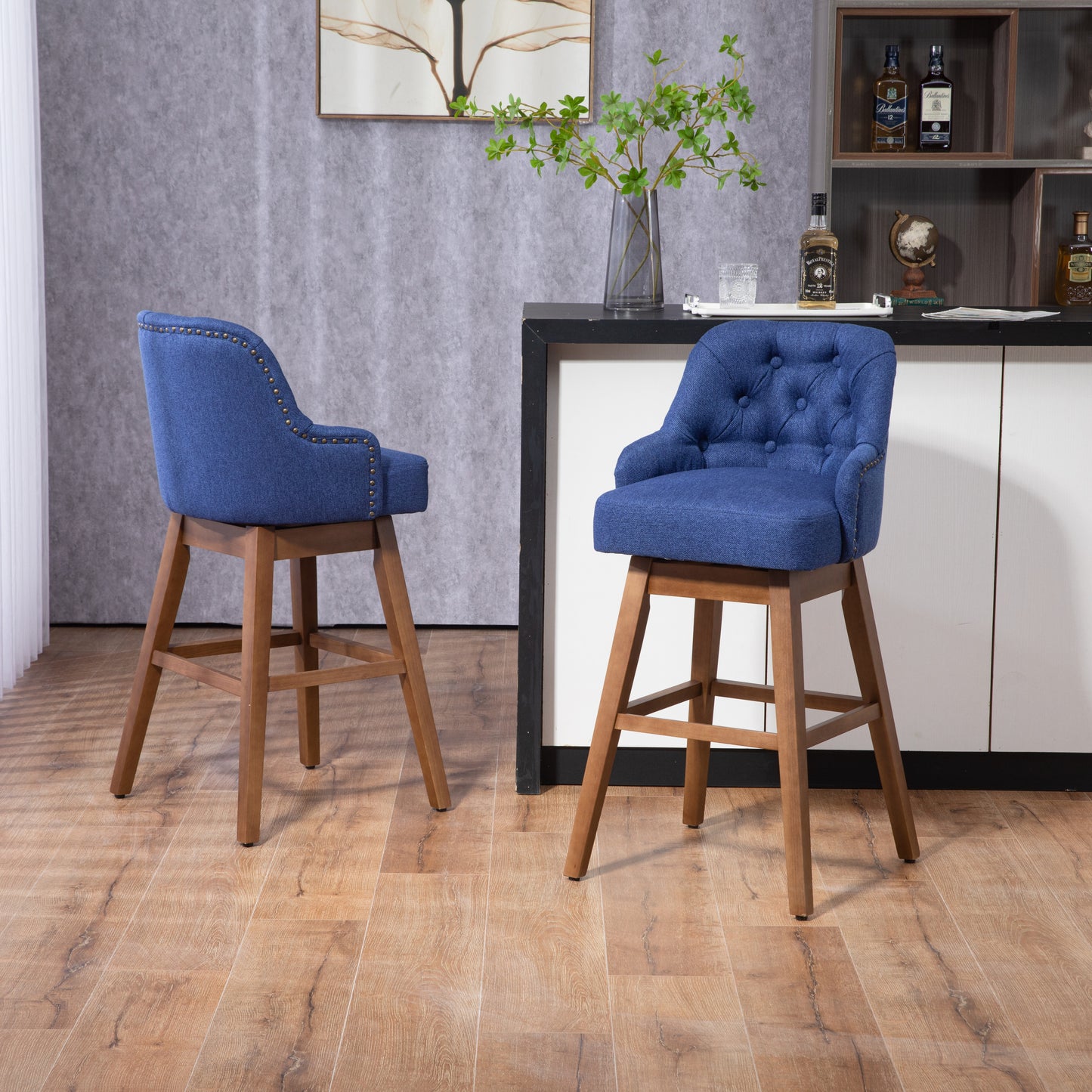 Holmwood - Set of 2 - 28" Navy Linen Swivel Bar Stools with Solid Wood Legs, 360° Counter Height Chairs for Kitchen & Dining Room