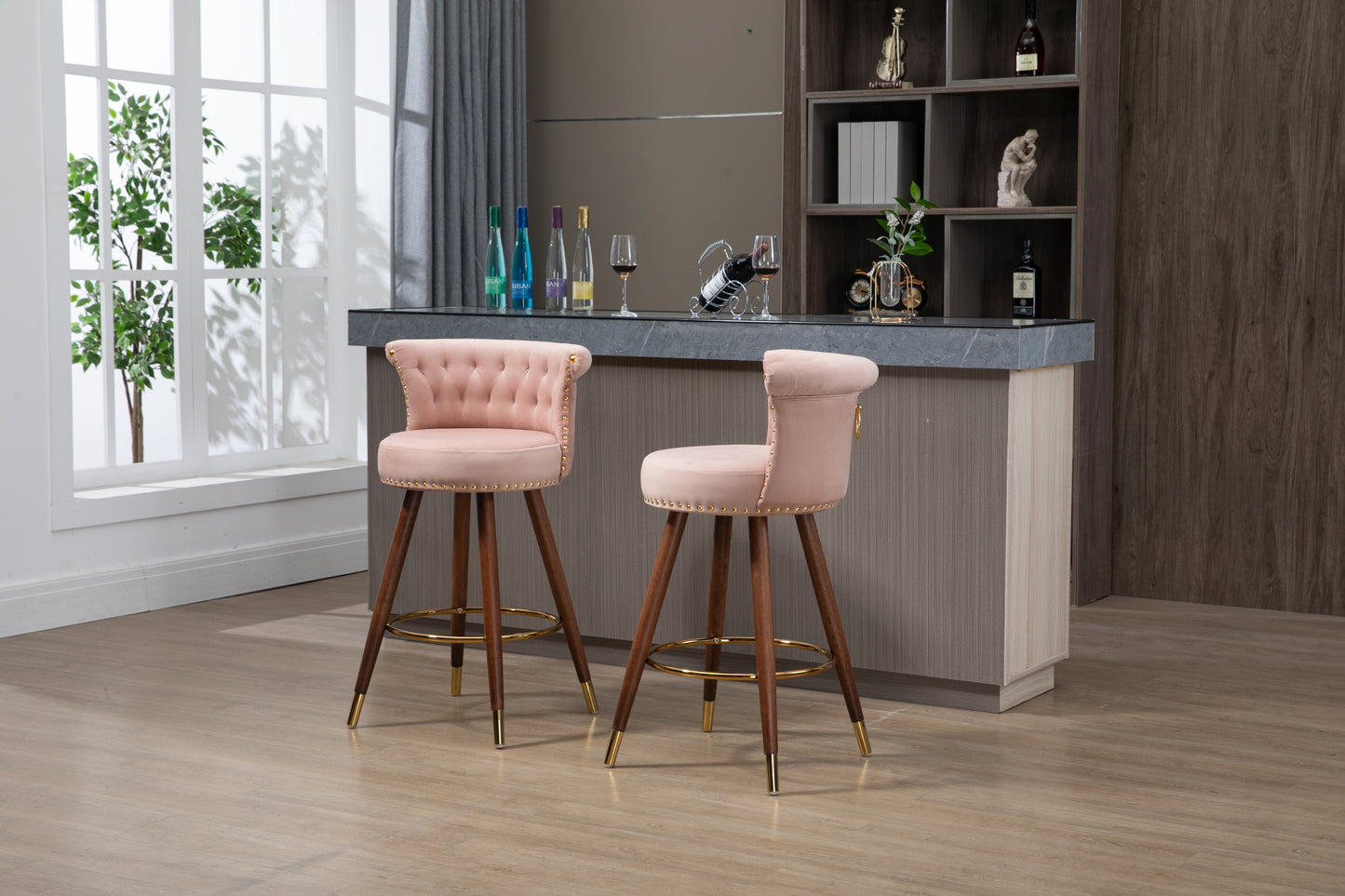 Viatora - Set of 2 - 27" Pink Swivel Solid Wood Bar Stools with High Back and Footrest